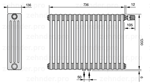 Схема (чертеж) Радиатор Zehnder Charleston 4120/16 №V008 Белый глянцевый RAL 9016
